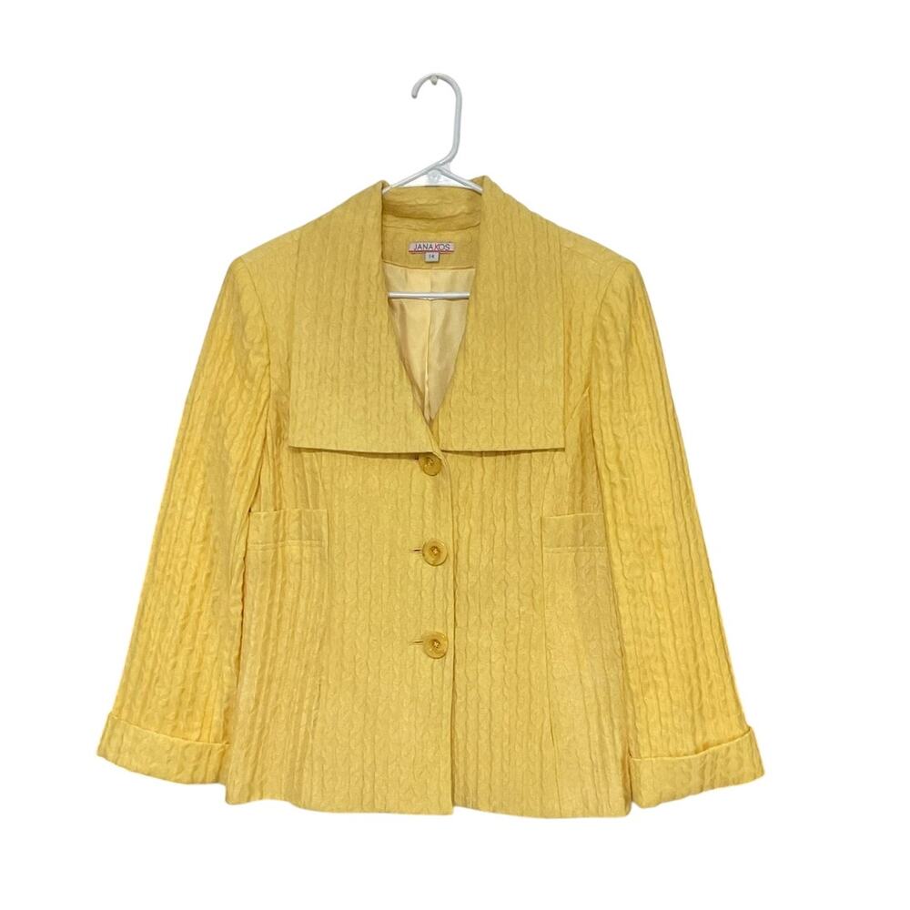 Jana Kos Yellow Linen Blend Jacket Womens Size 14 Large Textured Pleated Back